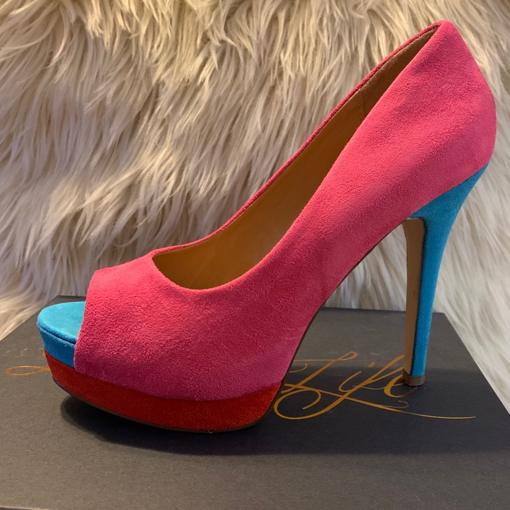 Suede open toe pumps